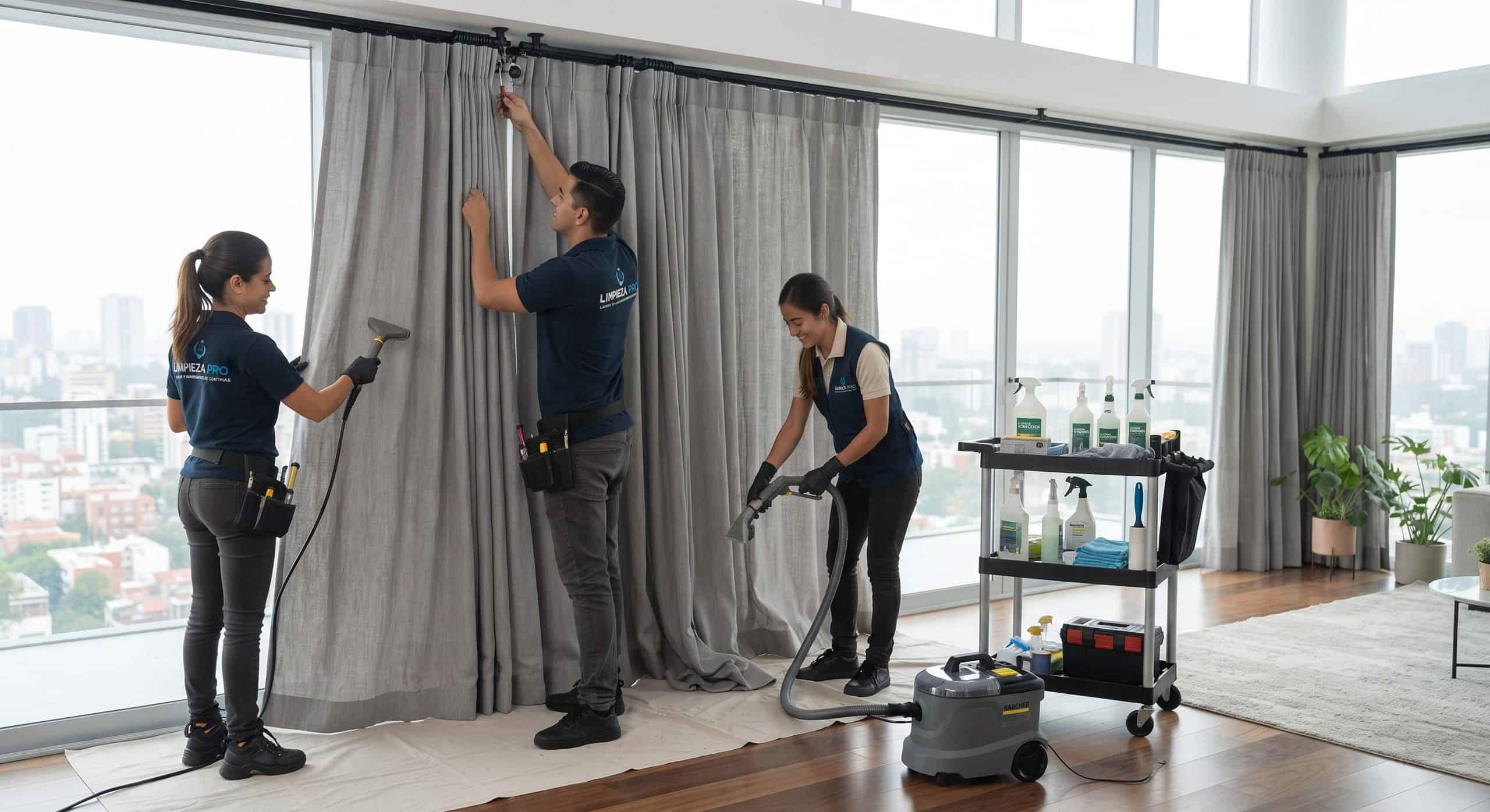 Equipo de limpieza profesional instalando cortinas en oficina moderna.