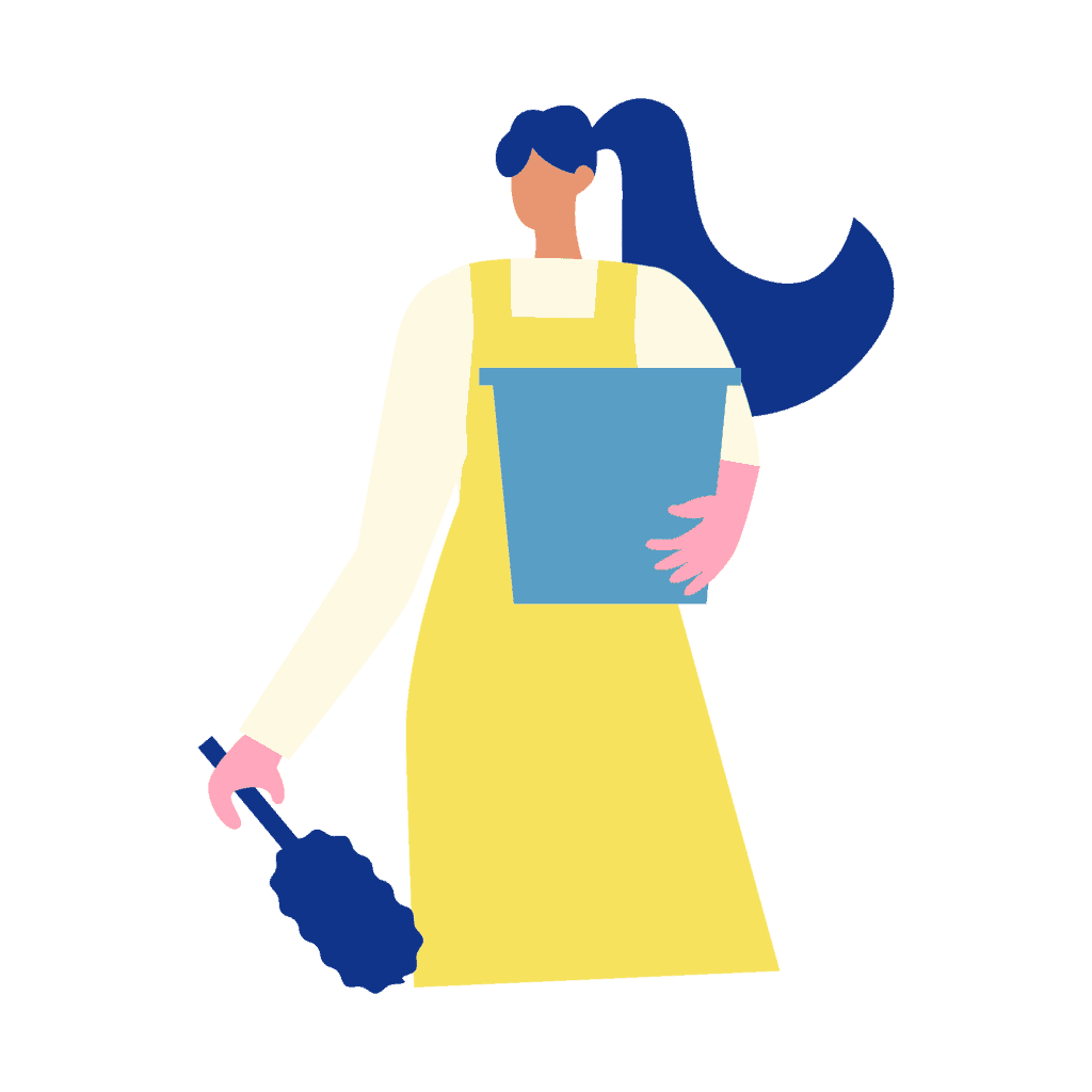 Mujer con uniforme de limpieza y trapeador en mano.