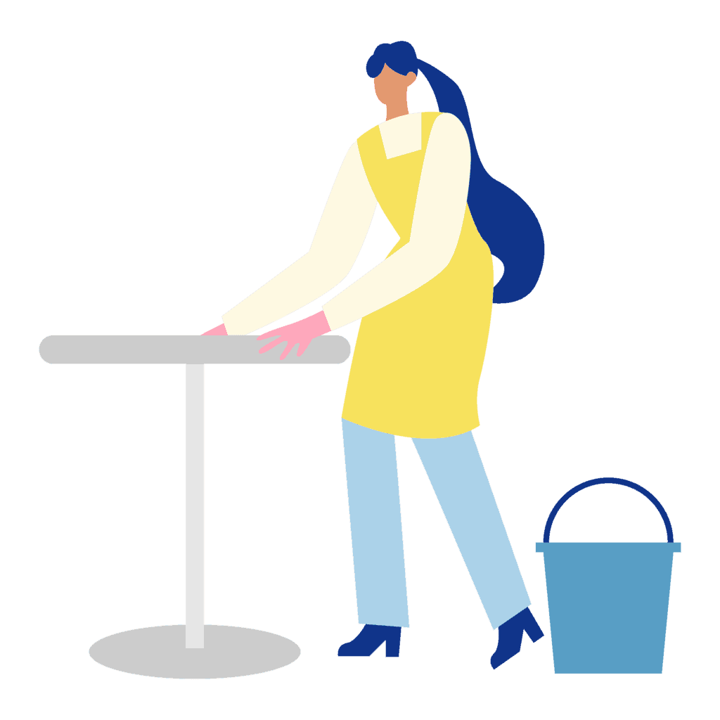 Mujer limpiando mesa con productos de limpieza en Bogotá.