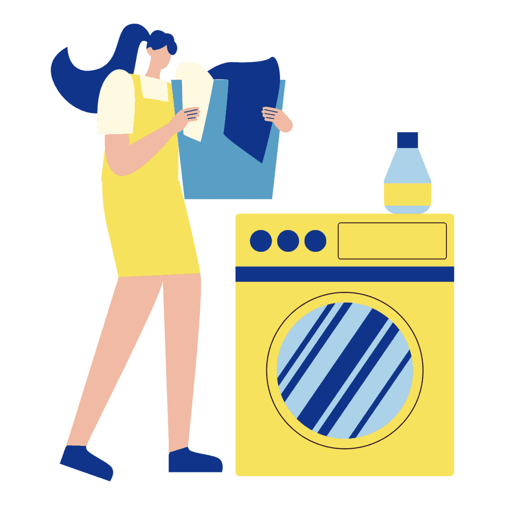 Mujer limpiando con detergente y lavadora en casa.